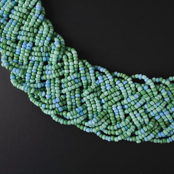 Tanjore India SignedTurquoise Blue Green Woven Seed Bead Collar Bib Necklace - Picture 8 of 12